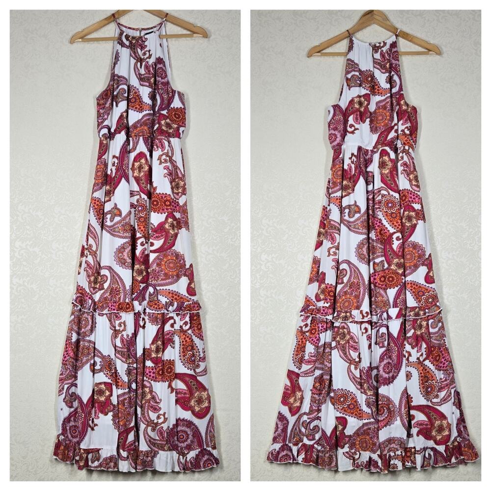 Express Paisley Halter Maxi Dress sz S White Pink Multicolor Tiered Boho NEW - Picture 2 of 16